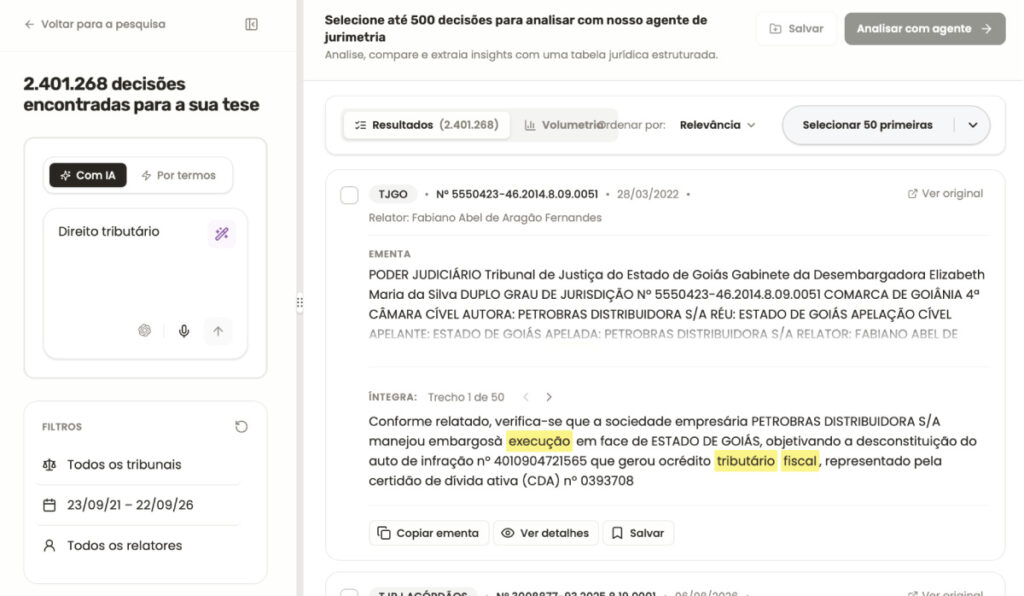 Agente de Jurimetria do GPTuri permite buscas em escala por decisões sobre um determinado tema tributário.